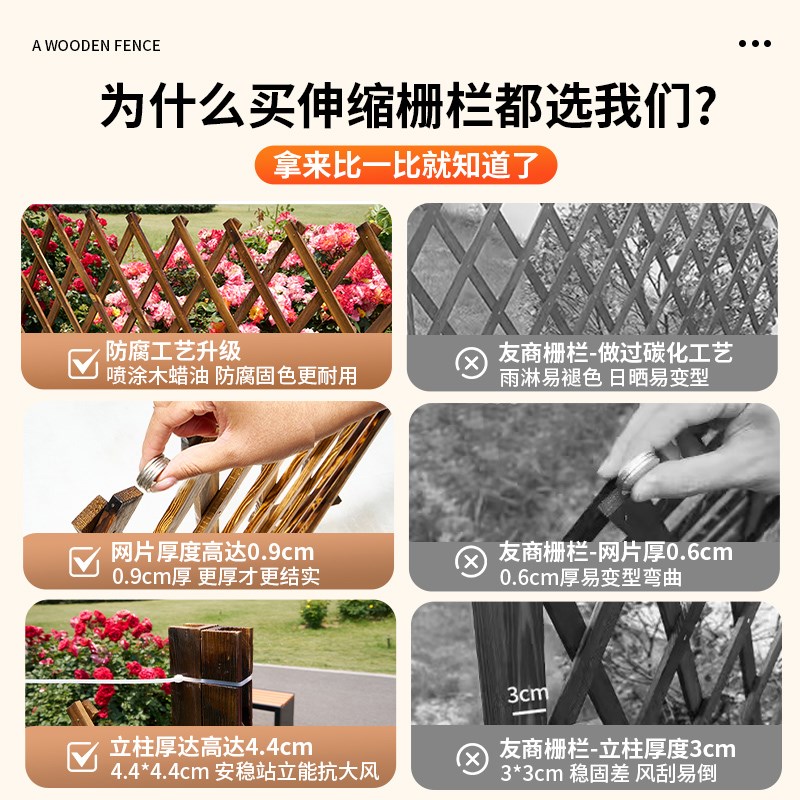 户外防腐木栅栏伸缩围栏花园篱笆室外庭院装饰网格爬藤架护栏隔断