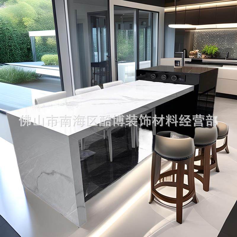 奶油风岛台餐桌现代简约家用可伸缩岩板桌子吃饭泡茶小户型中岛台