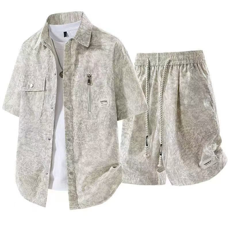 短裤夏季男衬衫扎染短袖套装帅气休闲潮流大码宽松短裤运动两件套,男装,时尚套装,淘宝优惠券,粉丝福利购,淘宝优惠卷