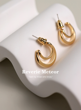 Reverie925银针素圈拉丝耳环原创设计简约轻奢小众秋冬耳饰女