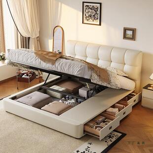 意式轻奢真皮床现代简约齐边床主卧1米8双人大床中古风高箱储物床