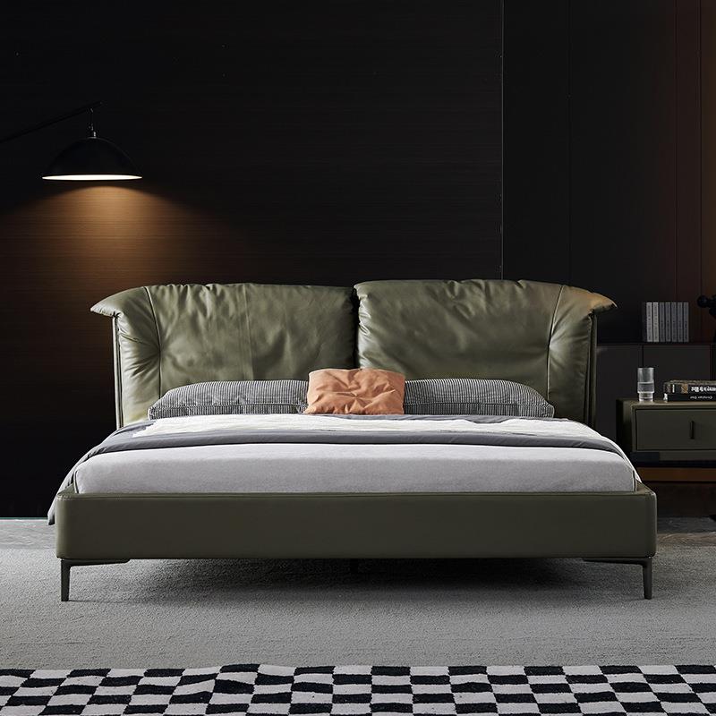 极简真皮床主卧绿色高档羽绒1.8米纳帕真皮现代轻奢北欧新款大床