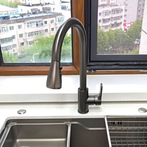 抽拉龙头枪灰色水槽不锈钢加重型冷热304两功能无铅龙头万向伸缩