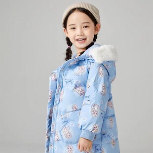 反季女童宝宝冬季外出小童中长款印花羽绒服2025新款小女孩衣服潮