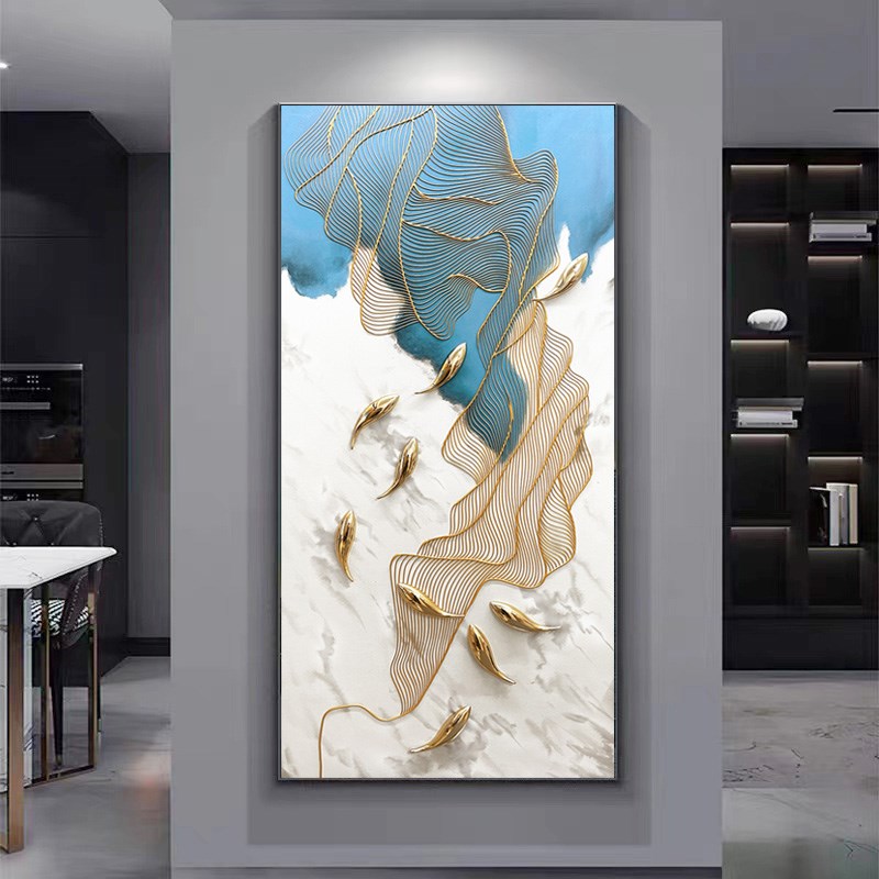 原创纯手绘轻奢玄关九鱼图油画入户现代简约立体过道尽头装饰挂画图片