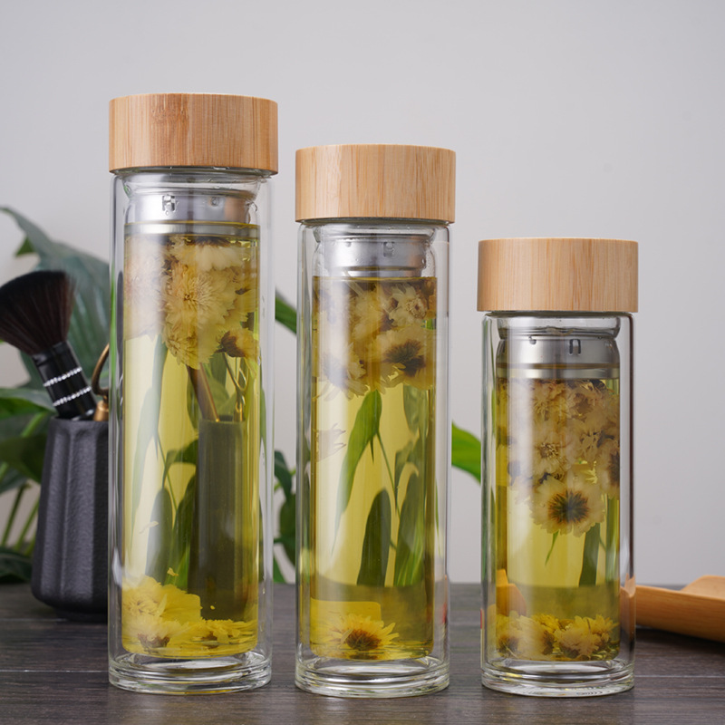 竹盖双层高硼硅耐热玻璃泡茶杯300毫升随身杯茶水分离杯口袋杯