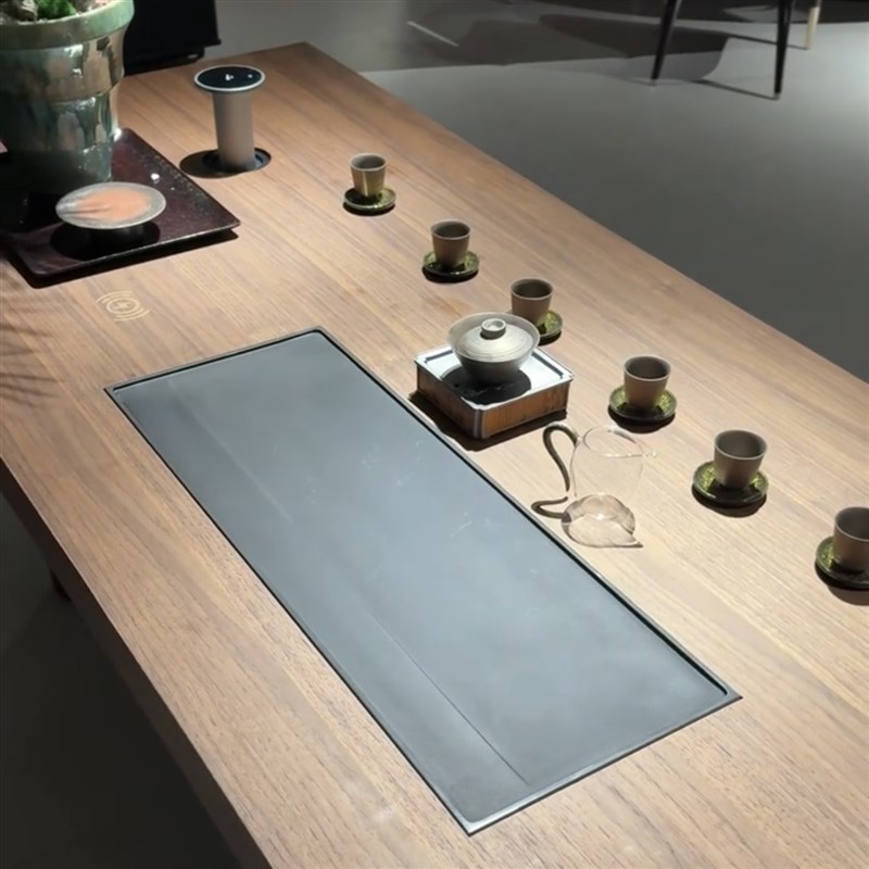 现代轻奢黑胡桃茶桌设计款喝茶办公升降一体新中式3.6M泡茶台茶室