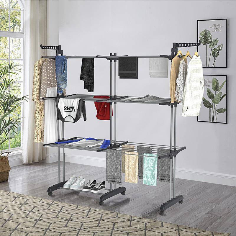 新品双排伸缩晾衣架可折叠三层多功能晾衣架卧室阳台可移动晾晒架