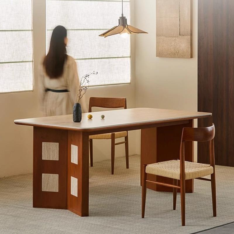 XW卡门洞石餐桌长方型法式复古中古风岩板实木梵奶油风舒书桌