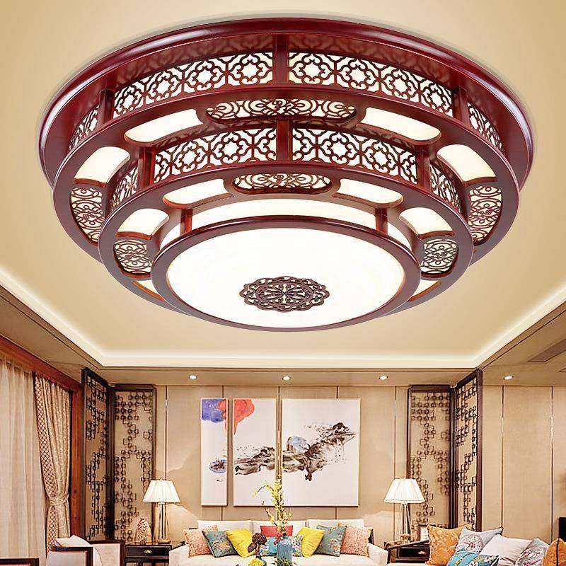 中式吸顶灯实木风大厅别墅仿古LED复古圆形灯具家用客厅大灯