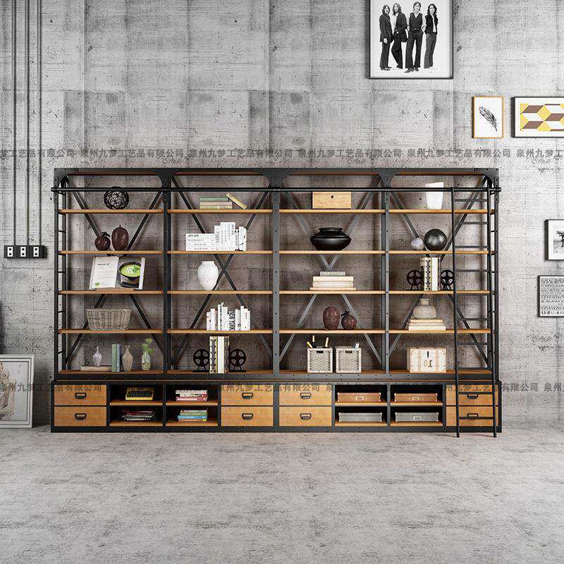 实木架铁艺实木满墙书架简约复古落地书柜客厅工业风多层置物架