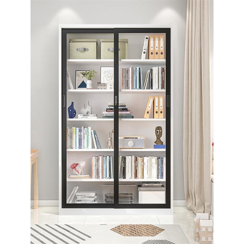 家用轻奢推拉移门书柜落地防尘玻璃门展示柜客厅书房铁艺储物带锁
