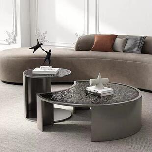 意式轻奢简约设计师水波纹钢化玻璃家用小户型不锈钢创意圆形茶几