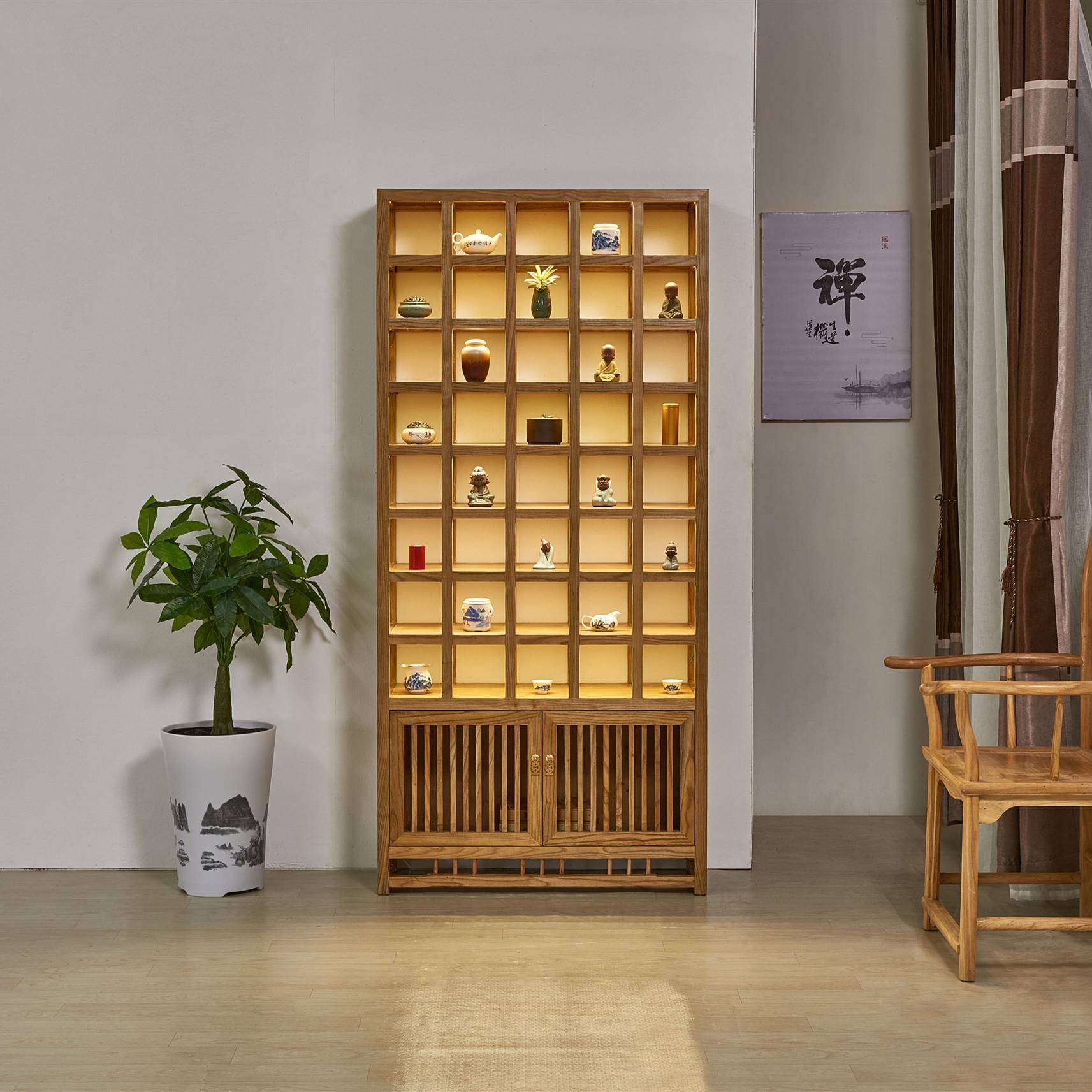 茶杯架茶具摆放架新中式带灯紫砂壶格子茶壶置物架实木中式博古架