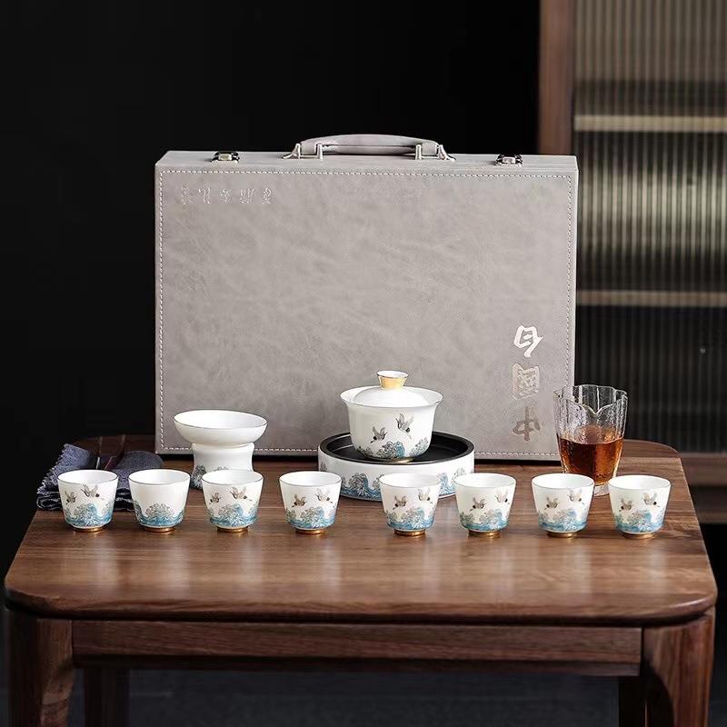 羊脂玉白瓷祥鹤观海茶具套装茶壶茶杯陶瓷描金茶具套装家用中式礼