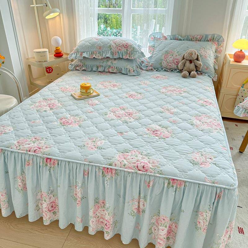冬季新款亲肤水洗棉夹棉床裙单件加厚床罩套带花边裙边通用三件套