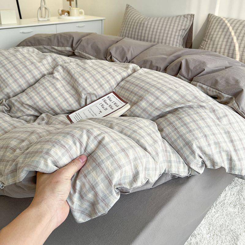 水洗磨毛纯色床品四件套床单被套日式格子学生宿舍单人三件套徐萍