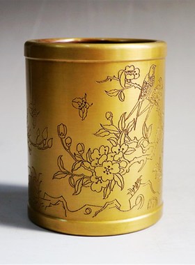 铜笔筒 纯铜 花草笔筒 纯铜加厚笔筒摆件 仿古做旧中国风铜工艺品