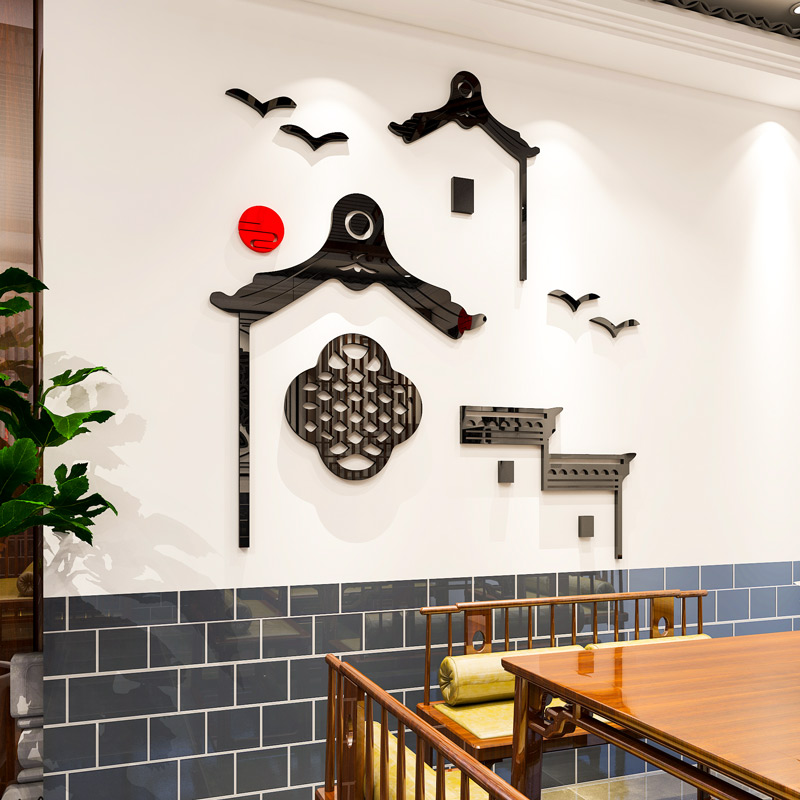 新中式古典建筑墙贴纸中餐厅火锅餐饮饭店墙面装饰包间背景墙贴画图片