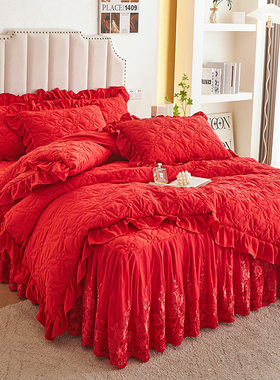 a类大豆夹棉床裙款四件套婚庆结婚大红色全加棉床单被套床上用品