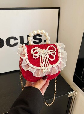儿童红色包包2025年流行斜挎包时尚珍珠手拎包流行公主女童拜年包