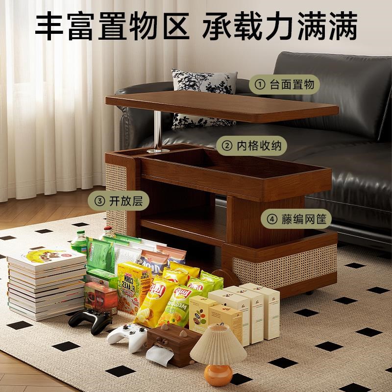 实木可移动茶几升降边几小户型客厅家用中古风小推车巴士沙发边柜
