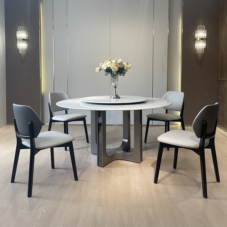 轻奢家用大理石圆桌不锈钢意高端带式餐桌椅组合现代简约餐厅转盘