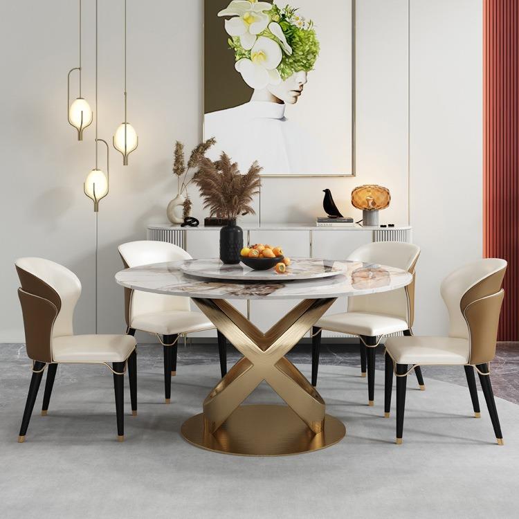 意式轻奢岩板圆桌椅组合带转盘不锈钢餐桌简约现代家用小户型饭桌