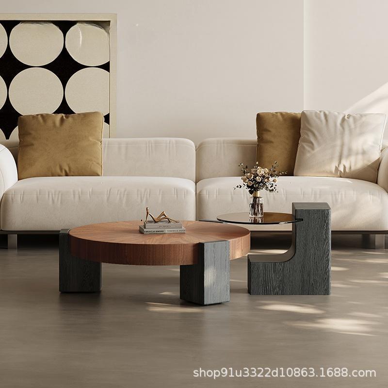 中古风胡桃木圆形茶几轻奢高级感客厅家用小户型意式极简设计圆几