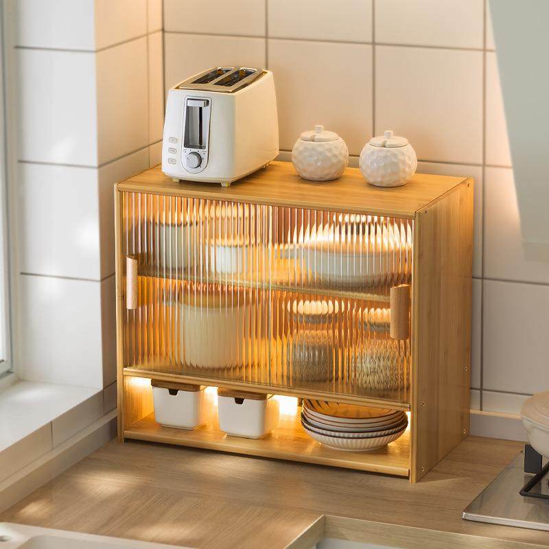 厨房玻璃门储物柜子台面多层防尘置物架放调味料碗碟多功能收纳柜