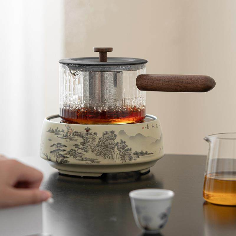 米黄汝窑电陶炉煮茶专用壶高硼硅玻璃壶泡茶壶烧水明火侧把壶围炉