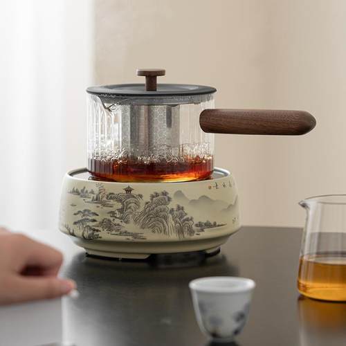 米黄汝窑电陶炉煮茶专用壶高硼硅玻璃壶泡茶壶烧水明火侧把壶围炉