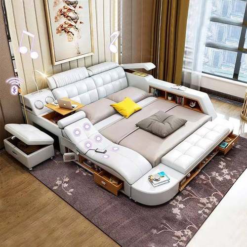 双人皮艺床现代简约主卧床多功能按摩榻榻米床卧室家具