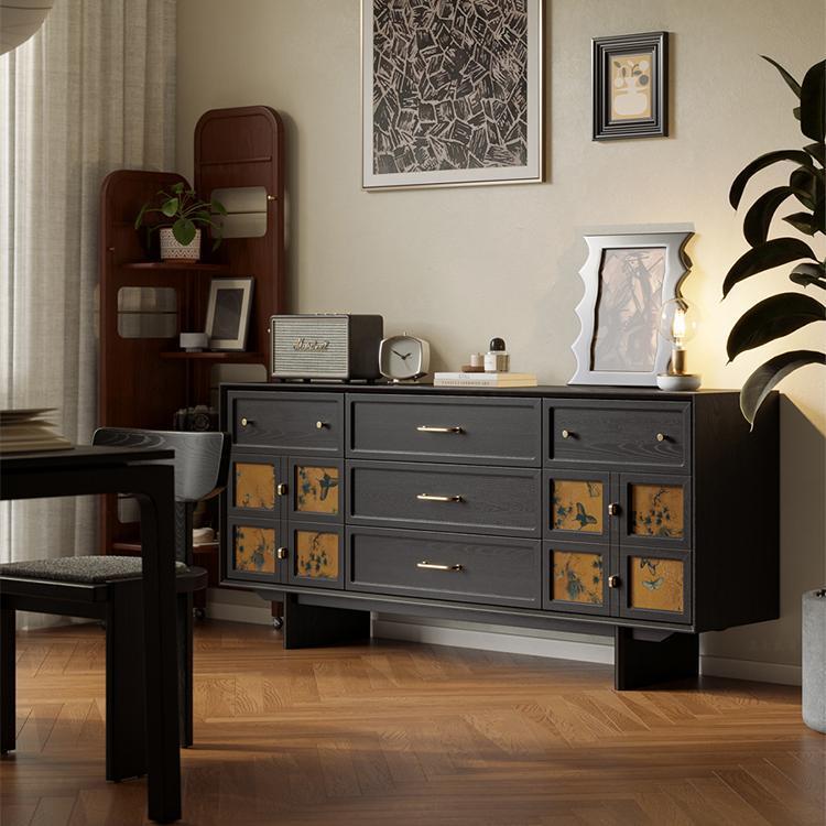 法式复古实木餐边柜中古风客厅玄关收纳储物柜设计师款黑色茶水柜