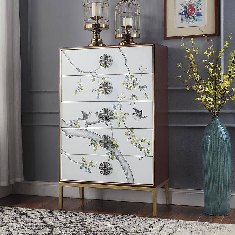 9C新中式五斗柜卧室床尾收纳柜轻奢抽屉柜美式实木斗橱彩绘玄关柜