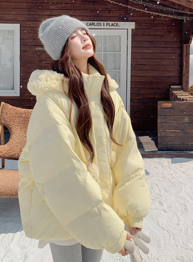 HEHY法式奶黄色羊羔毛帽短款羽绒服外套90绒2025年新款冬季女