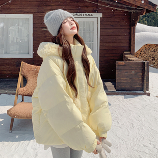 HEHY法式奶黄色羊羔毛帽短款羽绒服外套90绒2025年新款冬季女