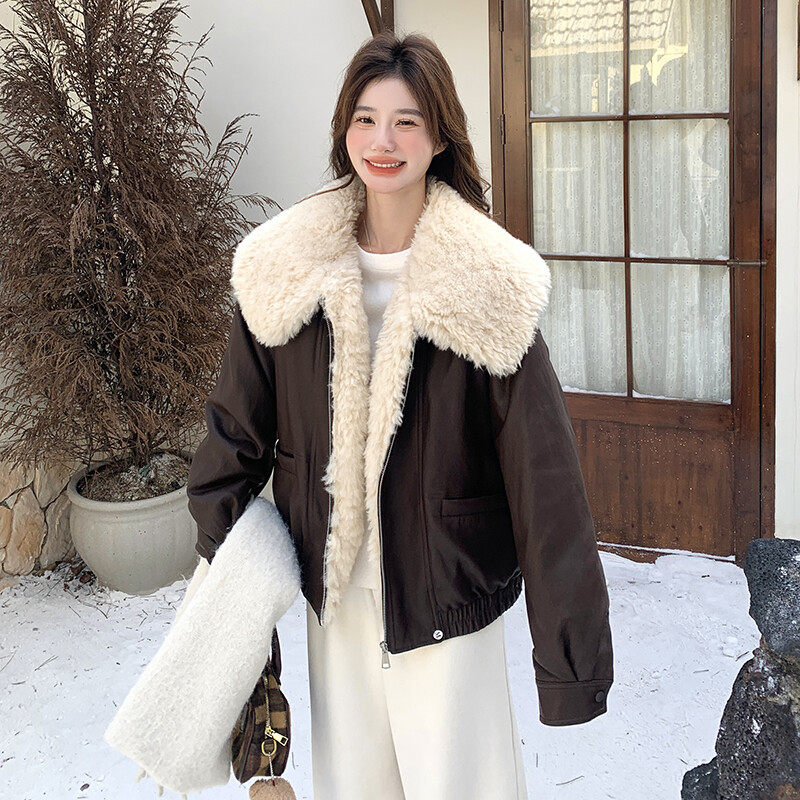 HEHY法式咖啡色大毛领皮质羽绒服2025冬新款减龄外套女