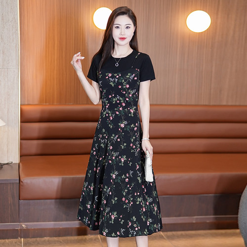 假两件碎花显瘦遮肚妈妈连衣裙