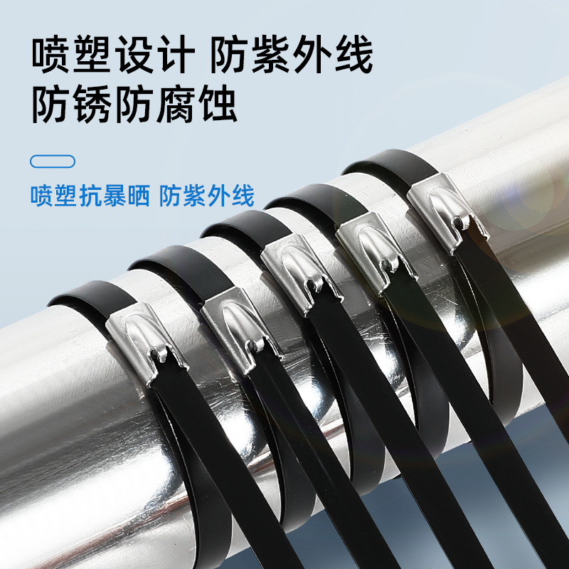黑色喷塑304不锈钢紮带自锁4.8MM8MM船用金属绑带束线固定拉紧器