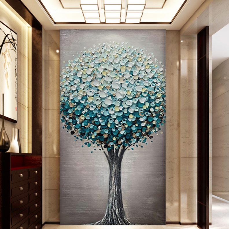 发财树背景墙壁纸进门壁画手绘油画现代简约玄关画竖版装饰画轻奢图片