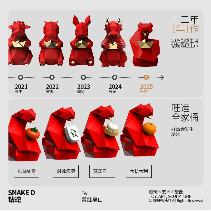 青红皂白钻蛇几何蛇摆件本命年生肖红色新年创意圣诞节礼品伴手礼
