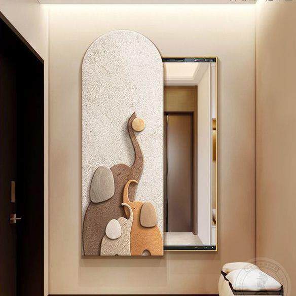 现代轻奢大象玄关装饰画全身镜推拉隐形推拉式免打孔穿衣镜挂墙