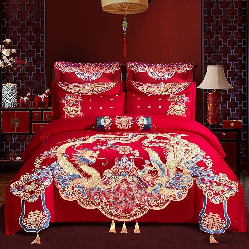 140支长绒棉高档婚庆四件套大红刺绣龙凤棉喜被新结婚房嫁床品