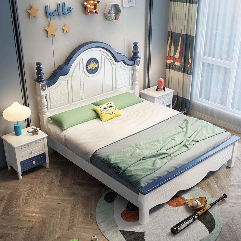 美式蓝白儿童床现代简约1米2单人1.5实木床1米35男孩高箱储物小床