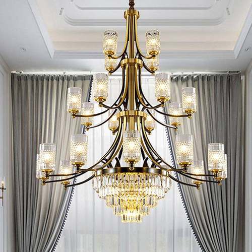 美式复式楼大吊灯三层全铜水晶挑高轻奢大厅吊灯中空楼别墅客厅灯