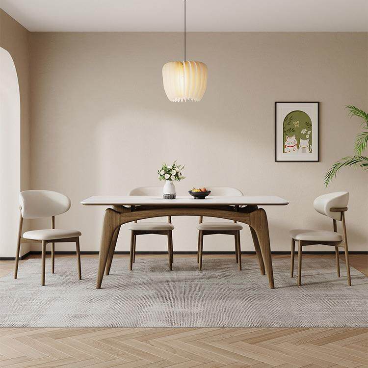 网红复古奶油风白蜡木实木长方形岩板餐桌家用现代简约餐桌椅