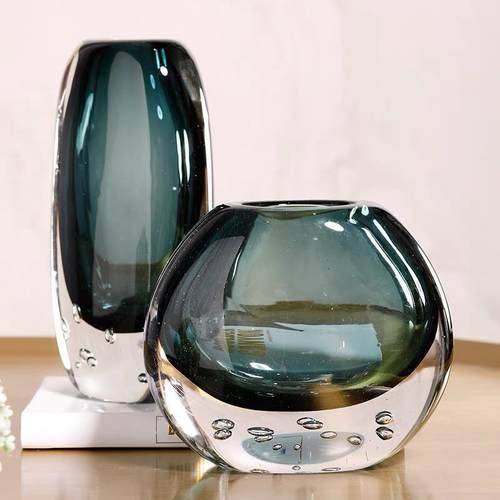 蓝色透明水晶玻璃花瓶摆件轻奢高档样板间客厅餐桌茶几水培插花器