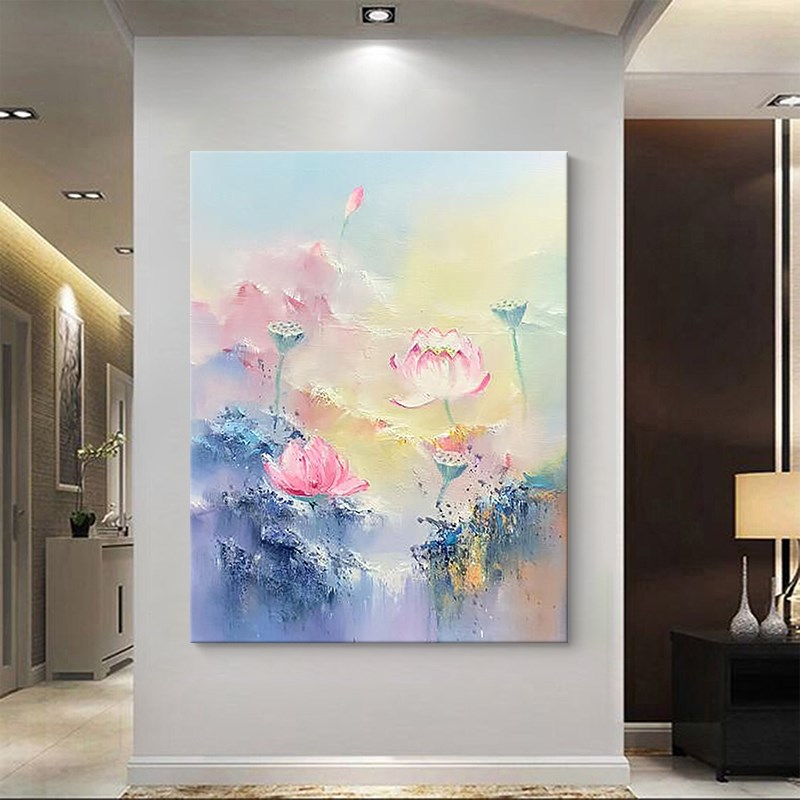 抽象荷花客厅背景墙装饰画好运连连肌理手绘油画玄关挂画餐厅壁画图片