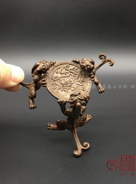 仿古置壶茶道雕座铜盖雕三龙铜茶具摆件座盖台香铜杯座置铜铜器